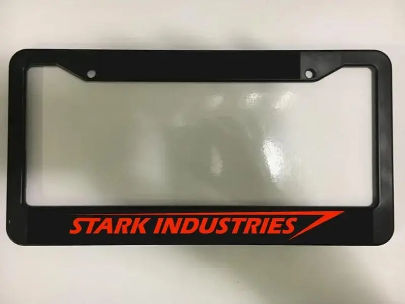 [Superhero Tech Style] Stark Industries Inspired License Plate Frame, Red ABS Plastic Car Tag Holder, Futuristic Vehicle Decor, Universal Auto Accessory Gift for Superhero Fans