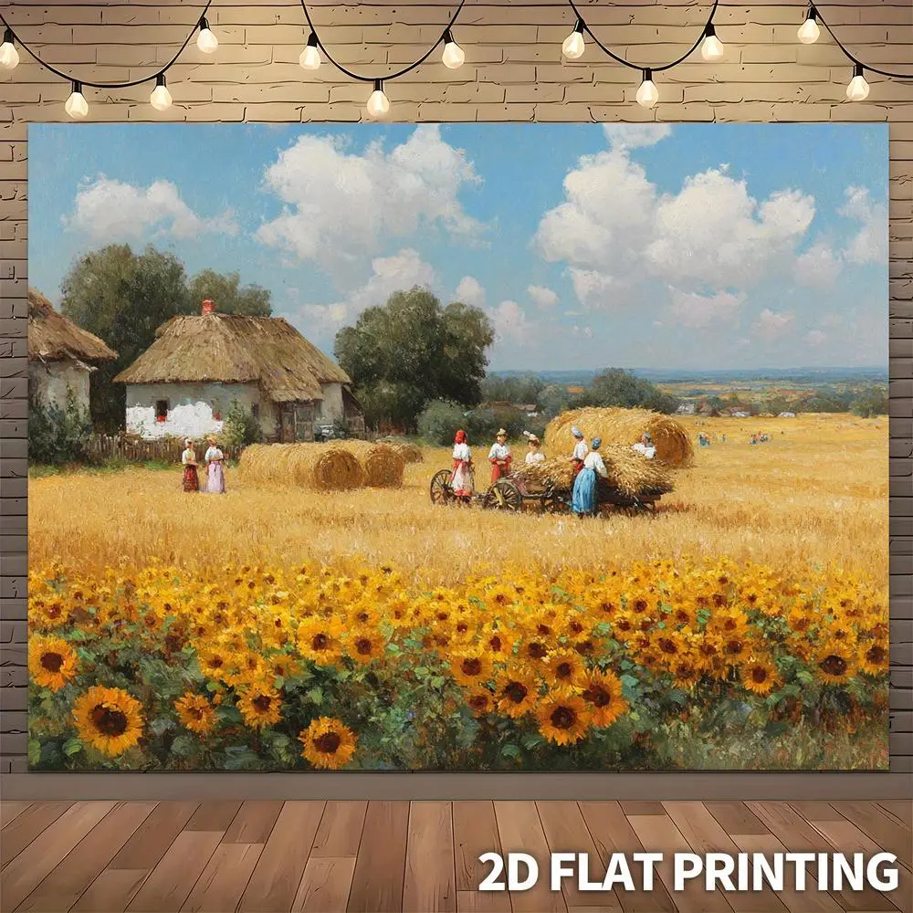 Oversize Farmhouse 2D Flat Print Polyester Banner - Reusable Party Decor, Sunflower Print Wall Hanging Backdrop for Harvest Festival, Ukrainian Village Celebrations, Birthday