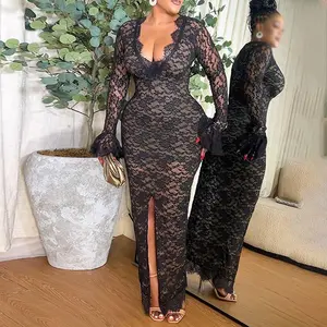 ChicMe Women's Elegant Lace Plunge V Neckline Long Sleeve Dress Casual Slim Fit Wedding Guest Slit Evening Maxi Dress