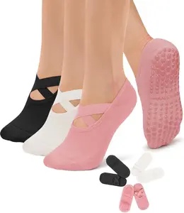 Women's Cotton 3-Pack Non-Slip Pilates Yoga Socks with Grips - Secure Fit for Workout, Pure Barre, Low Cut Hospital Socks