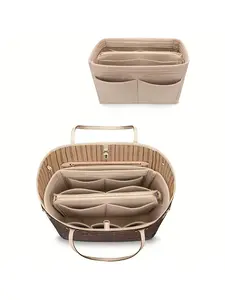 Felt Purse Organizer Insert, Golden-Tone Hardware & Beige/Brown Compartments with Zipper Closure, Khaki Tote Shaper for Handbags Wallets & Designer Bags, Compatible with Belt Bag, Travel Organization Pouch, Travel Essentials Bag, Felt Material