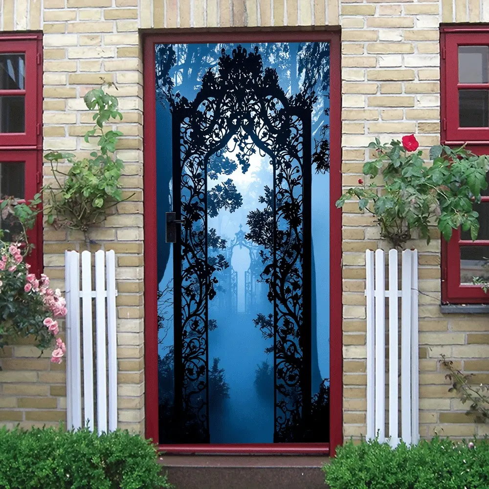 2pcs Vintage Gothic Iron Gate Wall Sticker Stereo Castle Arch Decorative Decal Self Adhesive Wallpaper for Living Room Entrance Bedroom Background Wall European Carved Home Art Mural Removable Waterproo