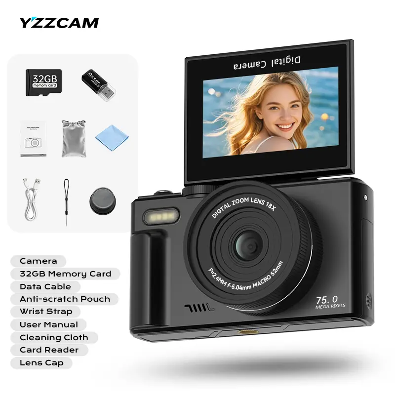 CCD digital camera, 75-megapixel high-resolution 5K digital camera, designed specifically for students, featuring a flip-up selfie lens and campus beauty mode, comes with a 32GB memory card and card reader—the ideal choice for photography beginners