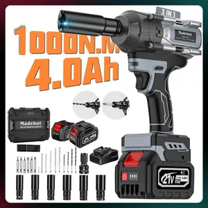 1000N.m Cordless Impact Wrench, All-Metal Cordless Impact Gun with 2 * 4.0Mah, 3-IN-1 Electric Impact Wrench with 5 Sleeves, High Torque 1/2 Impact Wrench,