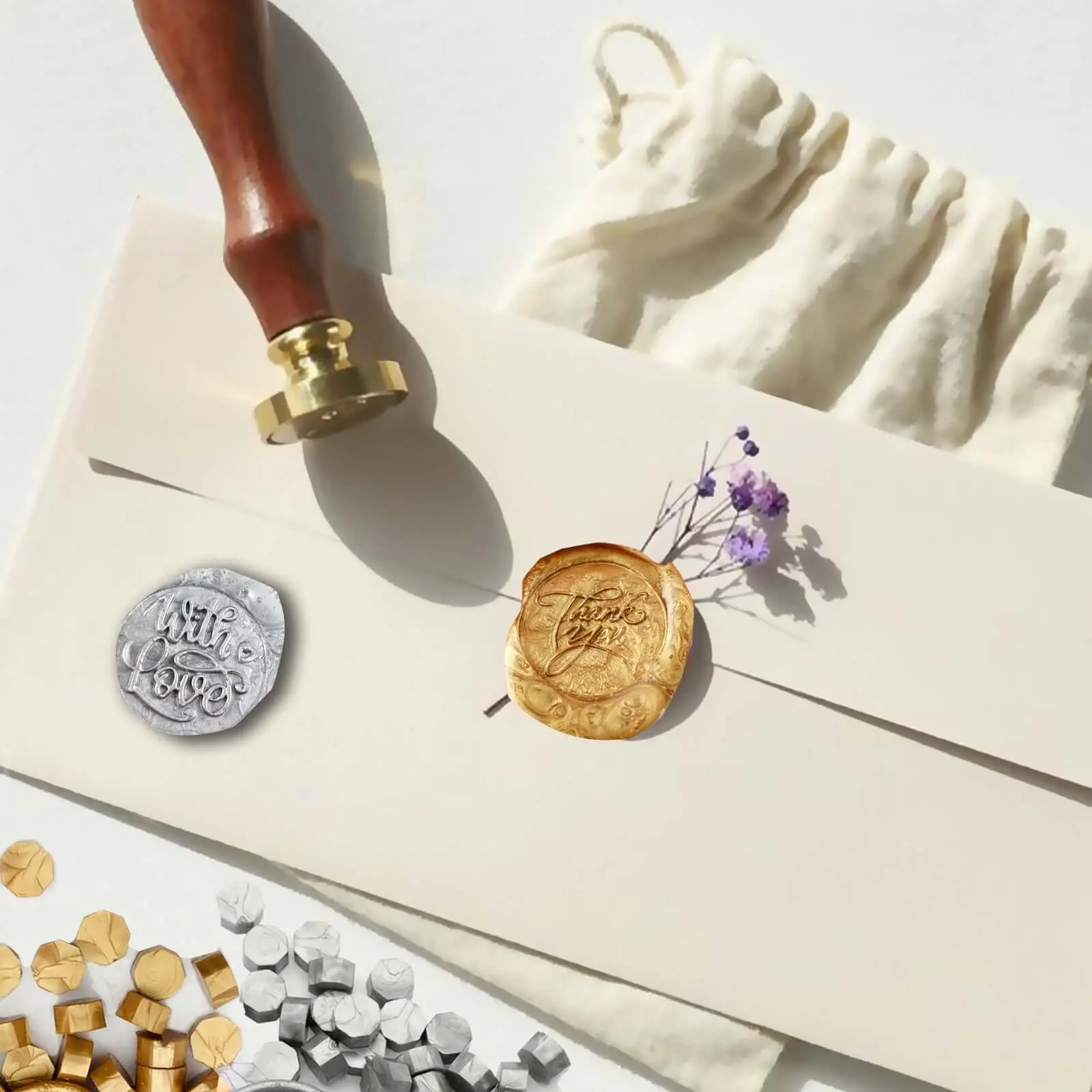 2-Set Gold & Silver Wax Seal Stamp Kit - "With Love" "Thank You" 2 Stamps for Wedding Invitations, Handmade Cards, Hobby Use; Office Stationery for Wax Sealing, Personalize Gifts, Craft Projects