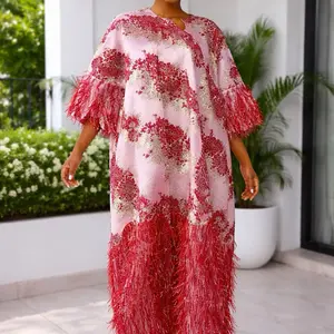 Elegant Pink and Red Feathered Dress with Floral Pattern and Flared Sleeves for Women