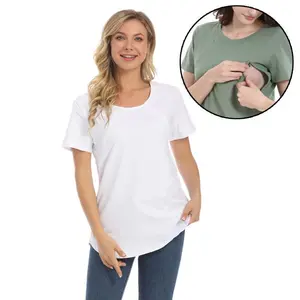 LiMira Nursing Short Sleeves T-Shirt - Maternity & Postpartum Wear - Loose Fit - Soft Cotton with Hidden Side Zipper - Casual Style for Spring & Summer