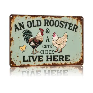 An Old Rooster Cute Chick & Baby Chicken Farm Aluminum Sign 8 X 12 Inch For Farmhouse Backyard Patio Kitchen Wall Decor Weather Resistant Fade Proof Print