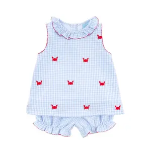 Crab Schiffli Blue Gingham Ruffle Collared Bloomer Set - Girls Embroidered 2Pc Set