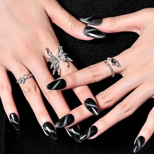 Black Cat Eye Press on Nails Medium Almond Gloss Glitter Magnetic Glue on Reusable Acrylic Stiletto Stick on False Nail Kit for Women