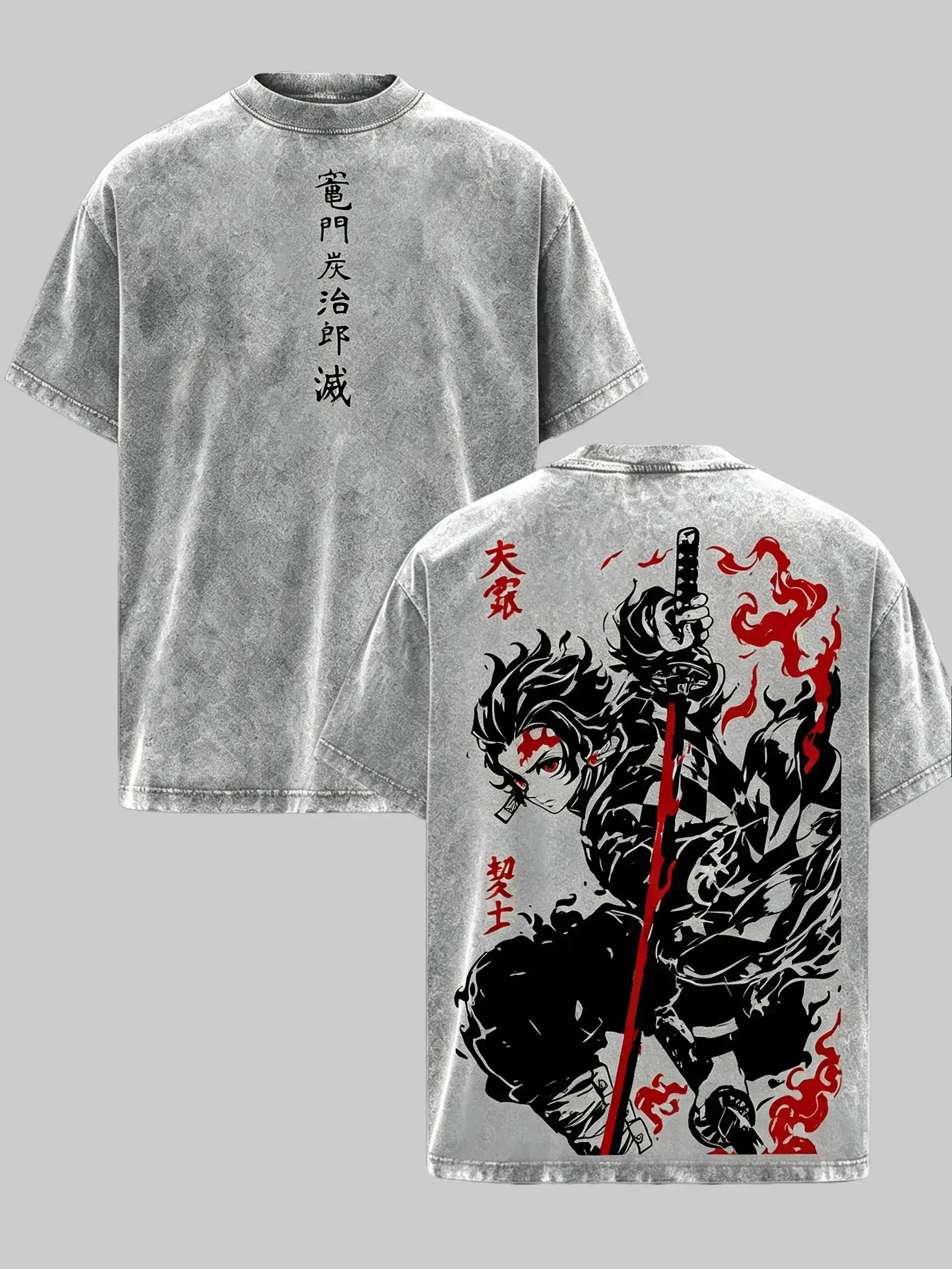 Demon Slayer Tanjiro Vintage Washed Graphic Tee Oversized Anime Shirt Y2K Streetwear Japanese Manga Harajuku Heavyweight Cotton Casual Summer T-Shirt