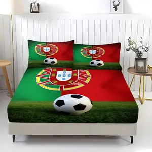 3pcs Portugal Flag Soccer Fitted Sheet Set, Portuguese Football Printed Bed Sheet Set with Pillowcases, Ultra-Soft Microfiber Bed Sheets Deep Pocket Mattress Cover for Bedroom & Game Room & Man Cave, Soccer Fan