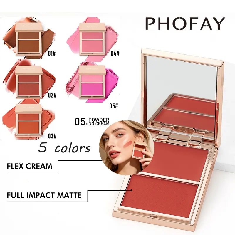 PHOFAY Double-Take Cream & Powder Blush Duo, Buildable Compact with Shimmer for a Brightening Glow or Bold Sculpted Finish, Beauty Cosmetics, Soft Glam, Glam Style, Dewy, Makeup, Pigmented Blush