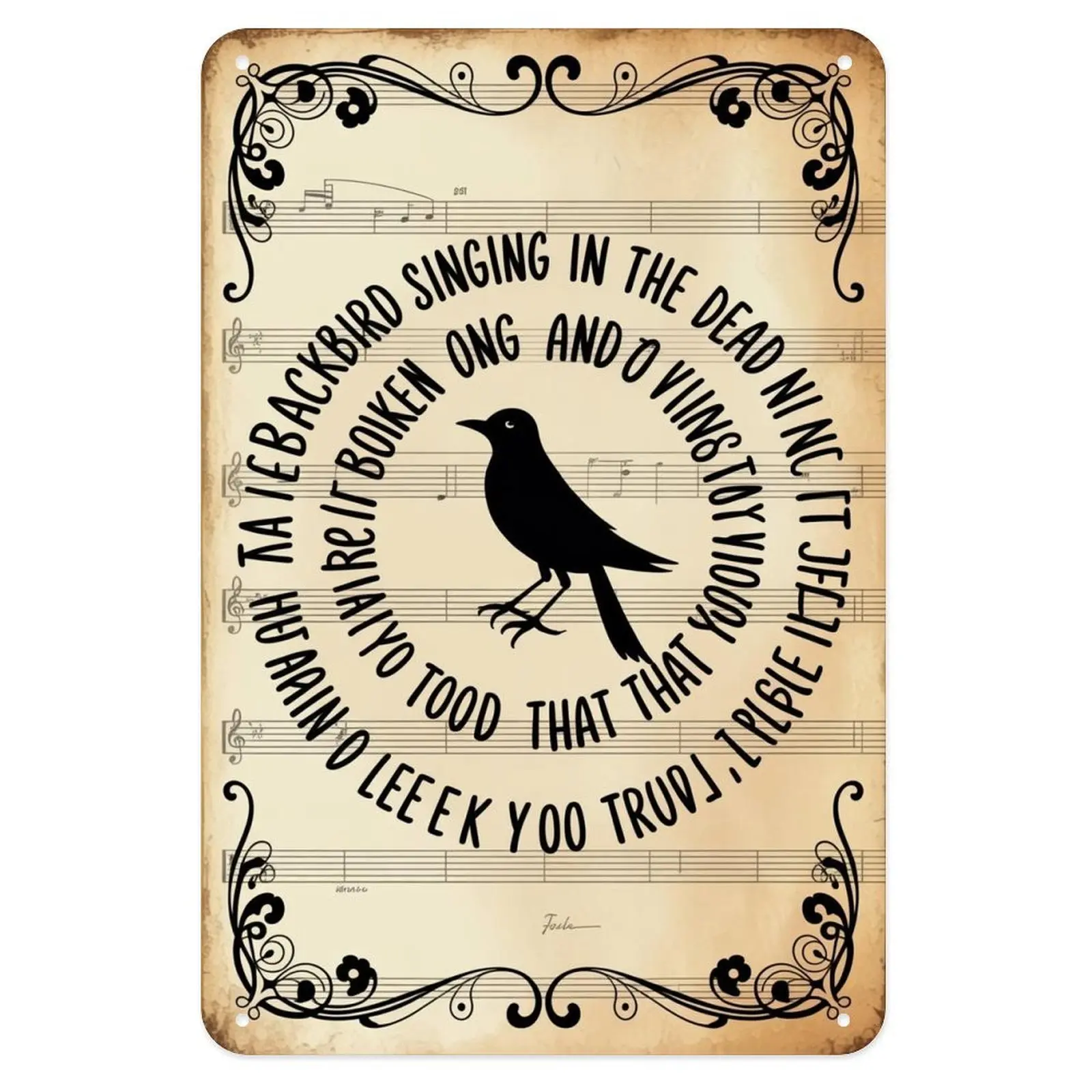 Blackbird Song Lyrics Tin Sign, Vintage Beatles Blackbird Metal Sign Print Aesthetic Room Decoration for Home Bedroom Kitchen Bar Coffee Bathroom Indoor Outdoor Wall Decor, 8 X 12 in
