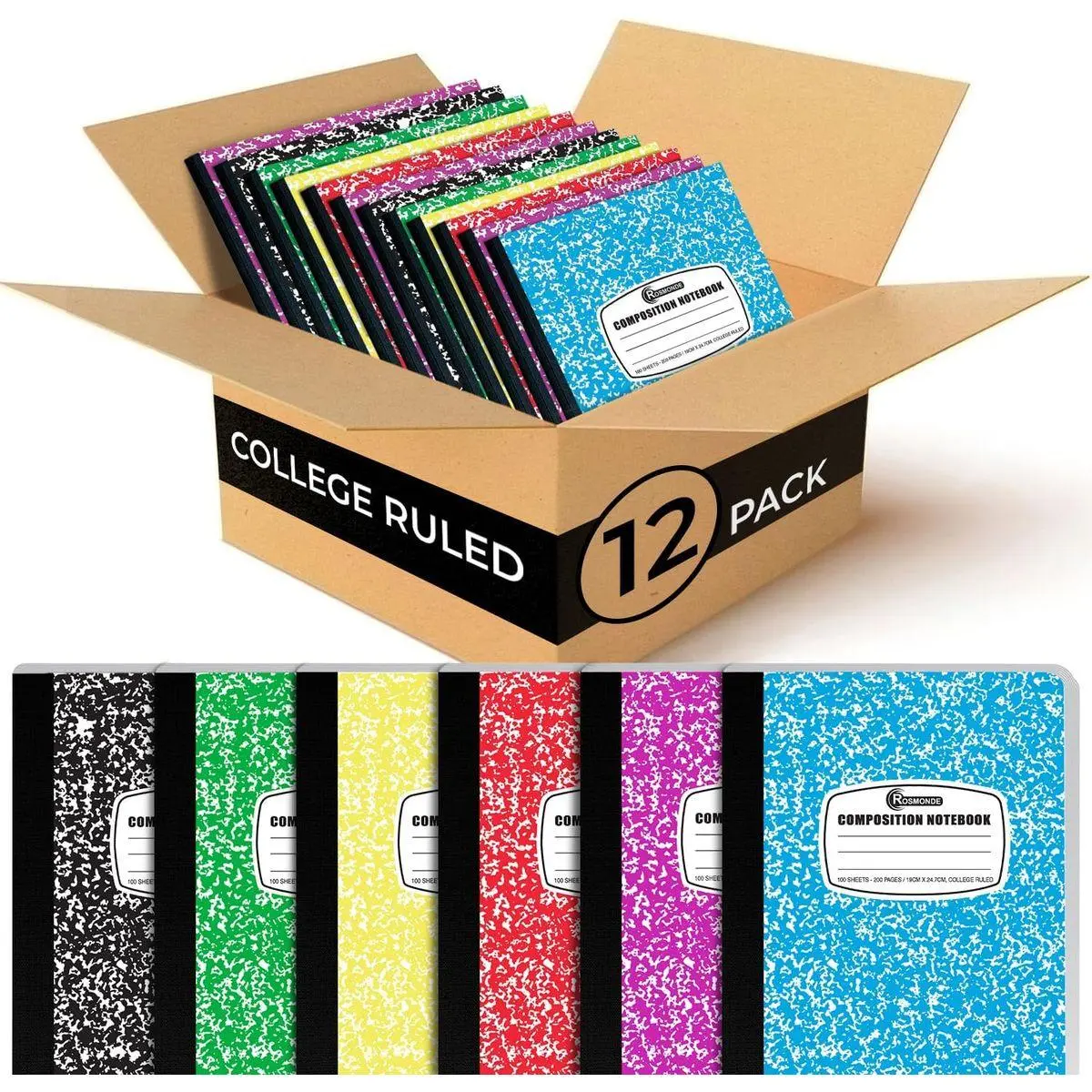 12 Pack Bulk Composition Notebooks College Ruled, Assorted Colors | Composition Notebook For School, 200 Pages (100 Sheets), 9-3/4 x 7-1/2, Hard Cover, College Ruled Notebooks For Office