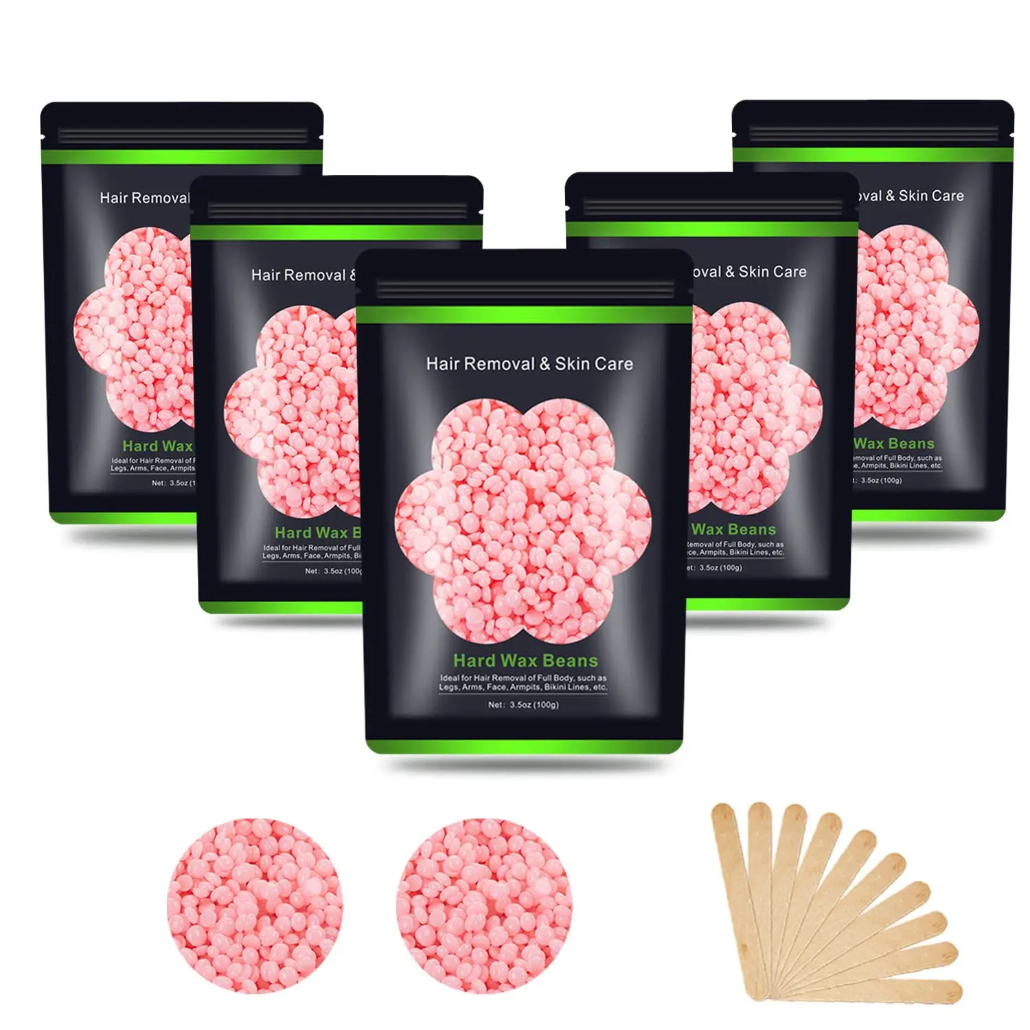 Wax Beads for Hair Removal 1.1 lb (17.6 oz), Hard Wax Waxing Beads Kit for Sensitive Skin, Face, Bikini, Eyebrow, Legs, Painless for Women Men, 5 packs with 10 Sticks