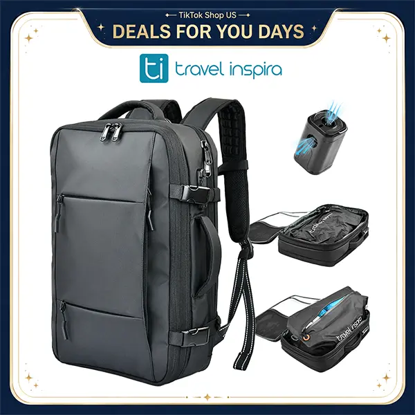 travel inspira Vacuum Compression Backpack with Electric Vacuum Pump, TSA Lock, Water-Resistant, Carry-On Approved Laptop Compartment, TSA-friendly,Hiking, Gym and Business Trip, Space Saver, Travel Hack, summerwins, DealsForYouDays summerwins