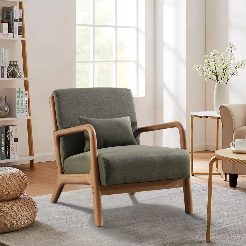 EBELLO Mid-Century Lamb Wool Accent Chair | Upholstered Reading Chair with Waist Cushion, Gray & White & Beige | wooden chair