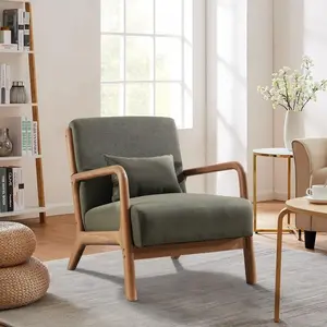EBELLO Mid-Century Lamb Wool Accent Chair | Upholstered Reading Chair with Waist Cushion, Gray & White & Beige | wooden chair