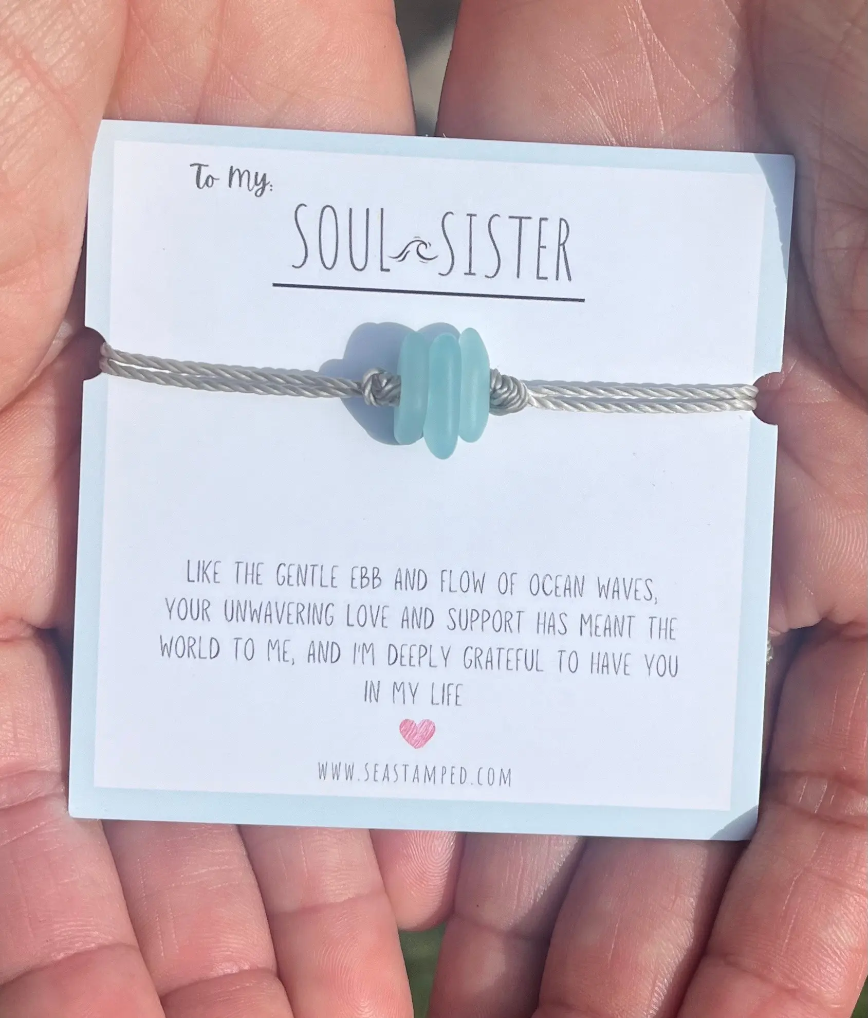 Soul Sister Bracelet - Minimalist Sea Glass Bracelet with 3 Pebbles on Waxed Thread, Adjustable by Pulling Ties, 3.25 Inches Diameter, Handmade