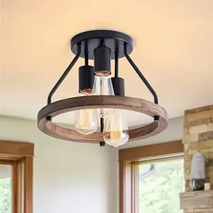 Retro Industrial Ceiling Light | Black Iron Frame + Solid Wood Hoop 360° All-Around Illumination E26 Base Compatible with Various Bulbs no Bulb Included Suitable for Living Room / diningRoom / Foyer Requires Connection to A Socket for Use chandelier lamps