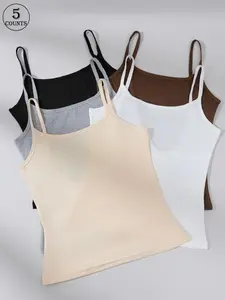 5 Piece Set Backless Outerwear Tank Tops, Transparent No Padding Design, Plain Fitted Casual Wear for All Seasons, Minimalist Basic