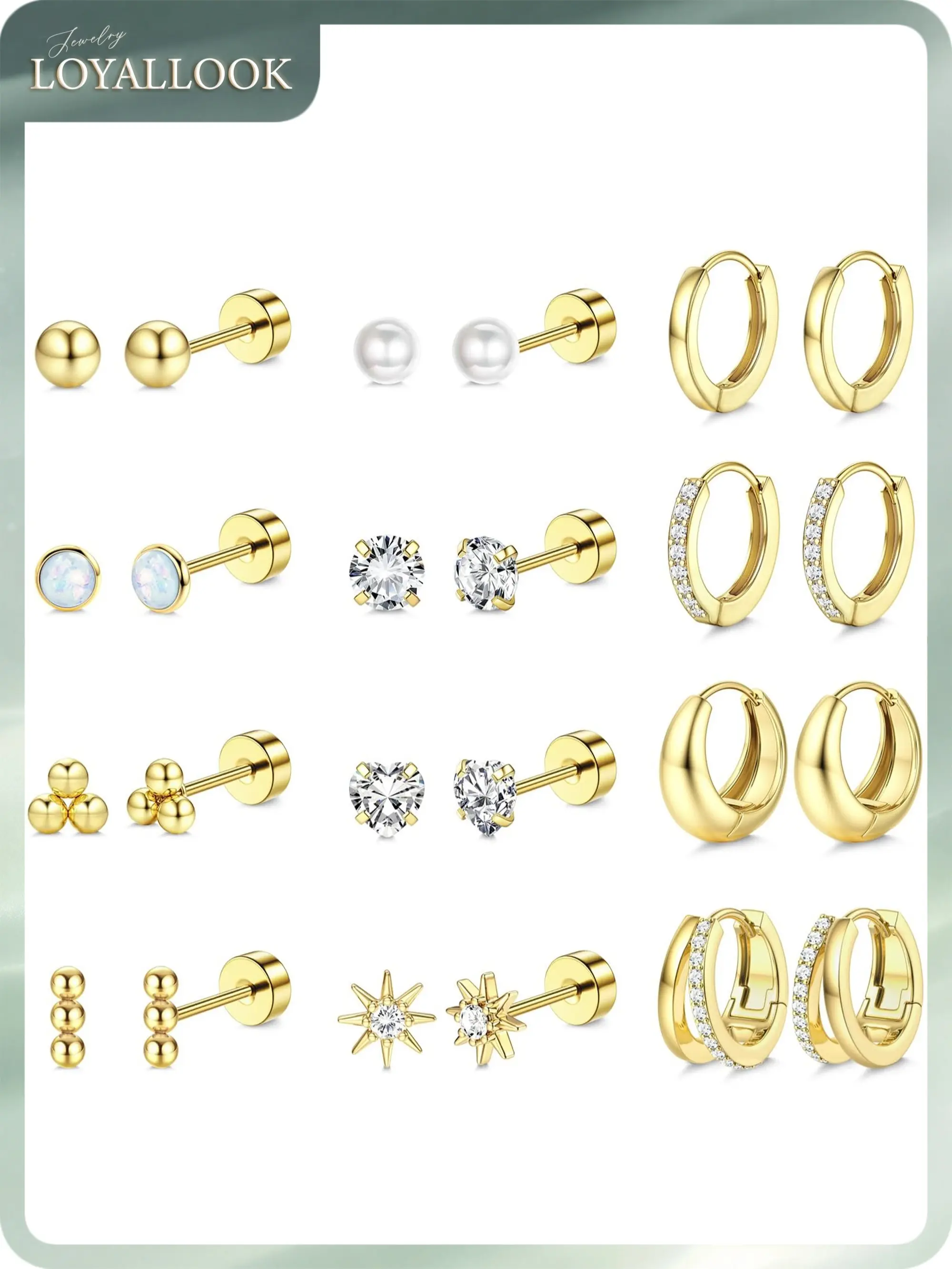 LOYALLOOK Flat Back Earrings for Women Hypoallergenic - Surgical Steel Earrings for Sensitive Ears Small Flatback Stud Hoop Earring Stacks Cartilage Earring Set for Multiple Piercing