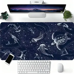 Starry Ocean Creatures Desk Mat Gaming Mouse Pad Monochrome Sea Turtle & Jellyfish Pattern Extended Mouse Pad for Laptop Large Mouse Pad for Desk with Non-Slip Rubber Base Stitched Edges Surface Perfect Gift for PC Gamers Office Workers & Home Use