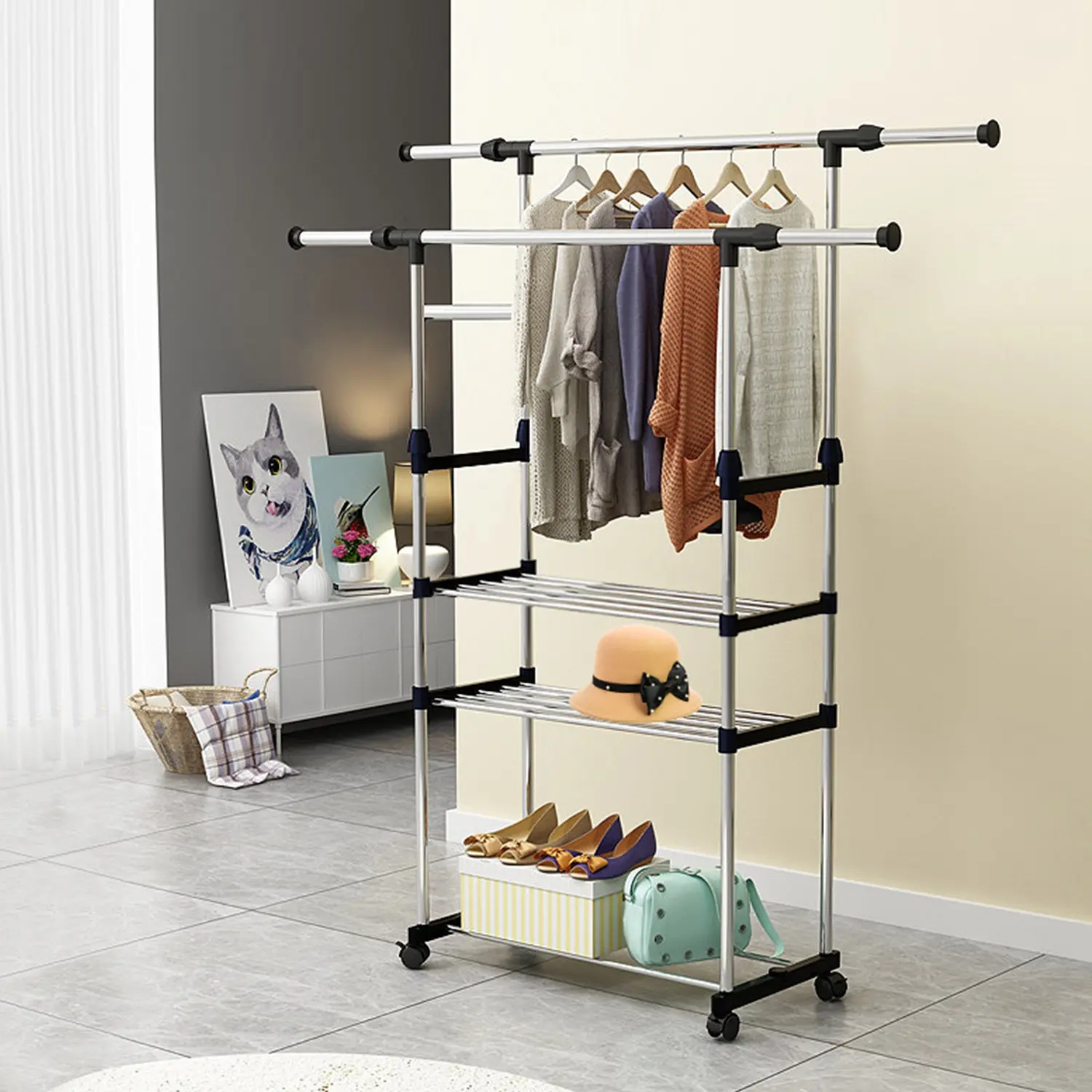 Extendable Garment Hanging Rack Clothing Hanging Rail Pillow Shoe Display Organizer w/ Rolling Wheels Hold up to 77LBS
