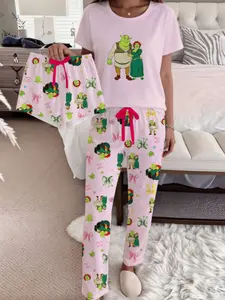 Shrek & Fiona 3-Piece Pajama Set Nightwear — All-Over Cartoon Print, Short-Sleeve Top & Matching Shorts/Pants — Youthful-Style Loungewear — Versatile Couple's Matching Set (Suitable for Wearing Outdoors) Pjs Outfits
