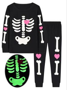 girls glow in the dark 2 piece skeleton pajama set, halloween party with long sleeve top and long pants, cozy sleepwear for fall