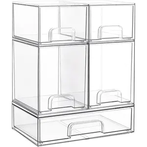 Stackable Storage Drawers Set of 5, Clear Plastic Organizer Bins for Bottle, Beauty Supplies Storage, Ideal for Kichen Countertop, Vanity, Bathroom, Cabinet, Pantry Organization