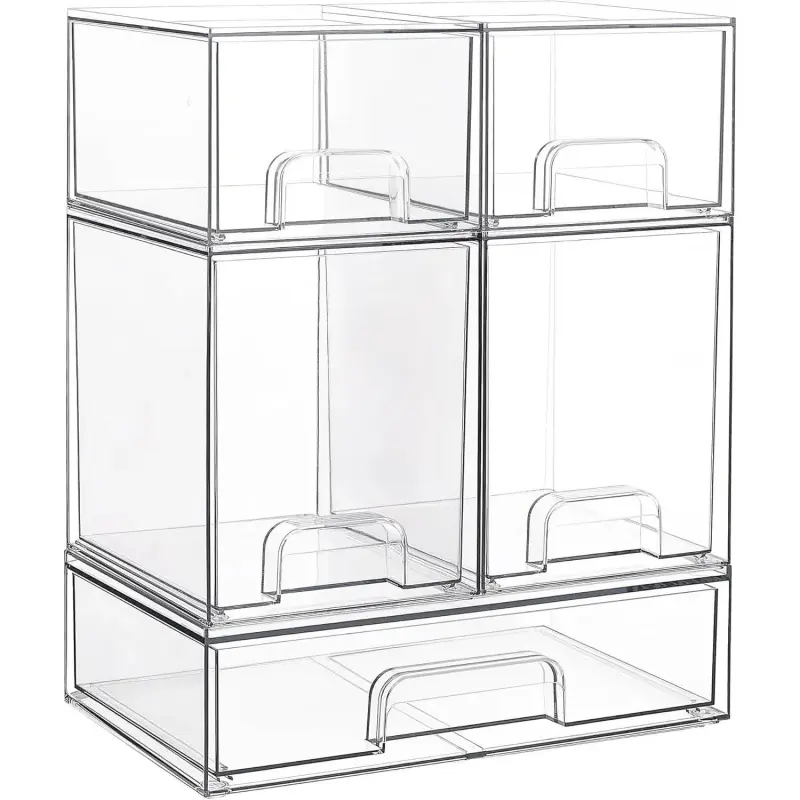 Stackable Storage Drawers Set of 5, Clear Plastic Organizer Bins for Bottle, Beauty Supplies Storage, Ideal for Kichen Countertop, Vanity, Bathroom, Cabinet, Pantry Organization-L