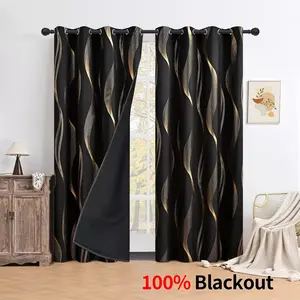 1 count 100% Blackout Curtains , Golden Wave Stripe Print Thermal Insulated & Soundproof Drapes with Grommets for Living Room & Bedroom Home Decoration Curtain