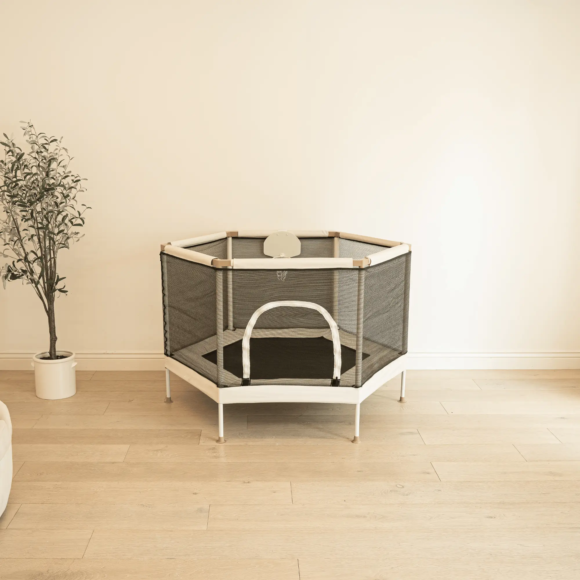 Square House Kids Trampoline 5 FT Sand, Aesthetic Indoor & Outdoor, Mini Ultra Safe No-Gap Design, Safety Net Included