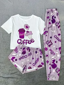Plus Size Coffee Print Tee & Pants & Shorts Pyjama Set, Casual Comfy Round Neck Short Sleeve T-shirt & Trousers & Shorts PJ Set, Women's Sleepwear & for All Seasons, Pajama Set, Matching Pj Set, Loungewear Pjs, Lounge Sets