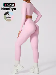 Women's Seamless High Elastic Soft Square Collar Open Waist Long Sleeve High Waist Hip Lifting Trousers Yoga suit, Yoga Outfits, Outdoor Running Gym Training Yoga Clothes Set
