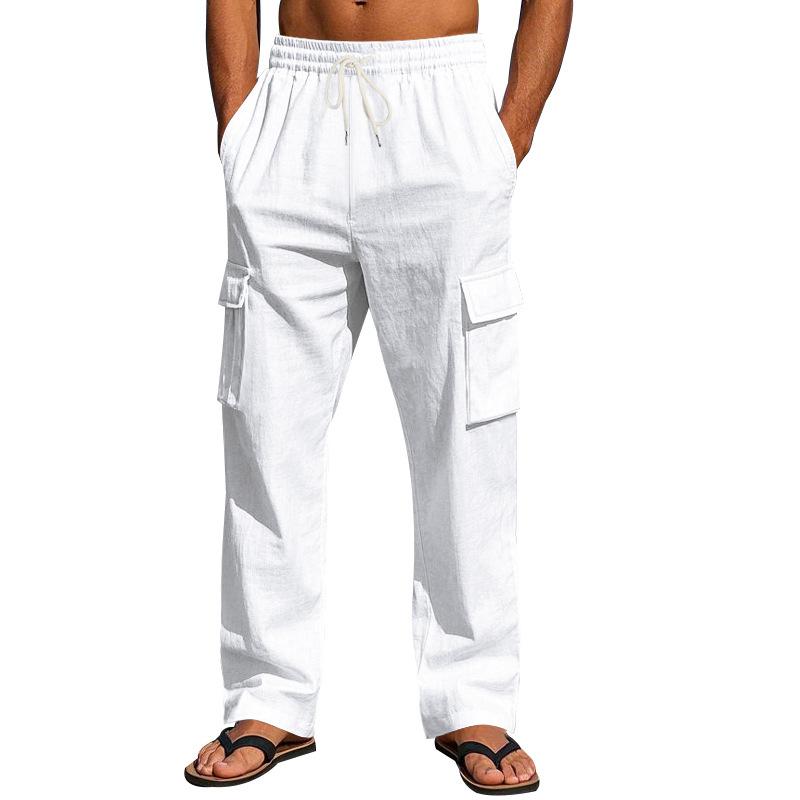 Men's Workwear Multi-pocket Straight Linen Pants Linen Four Seasons Thin Breathable Cargo Pants, Multi-pocket Loose Casual Trendy Wide-leg Pants