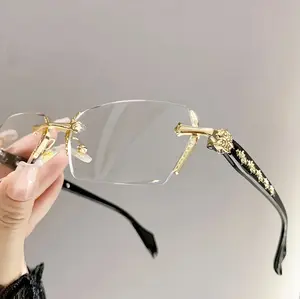 Unisex Frameless Reading Glasses, Diamond-Cut Edge HD Clear Lenses, Fashion Metal Temple Eyewear for Reading & Computer Gaming