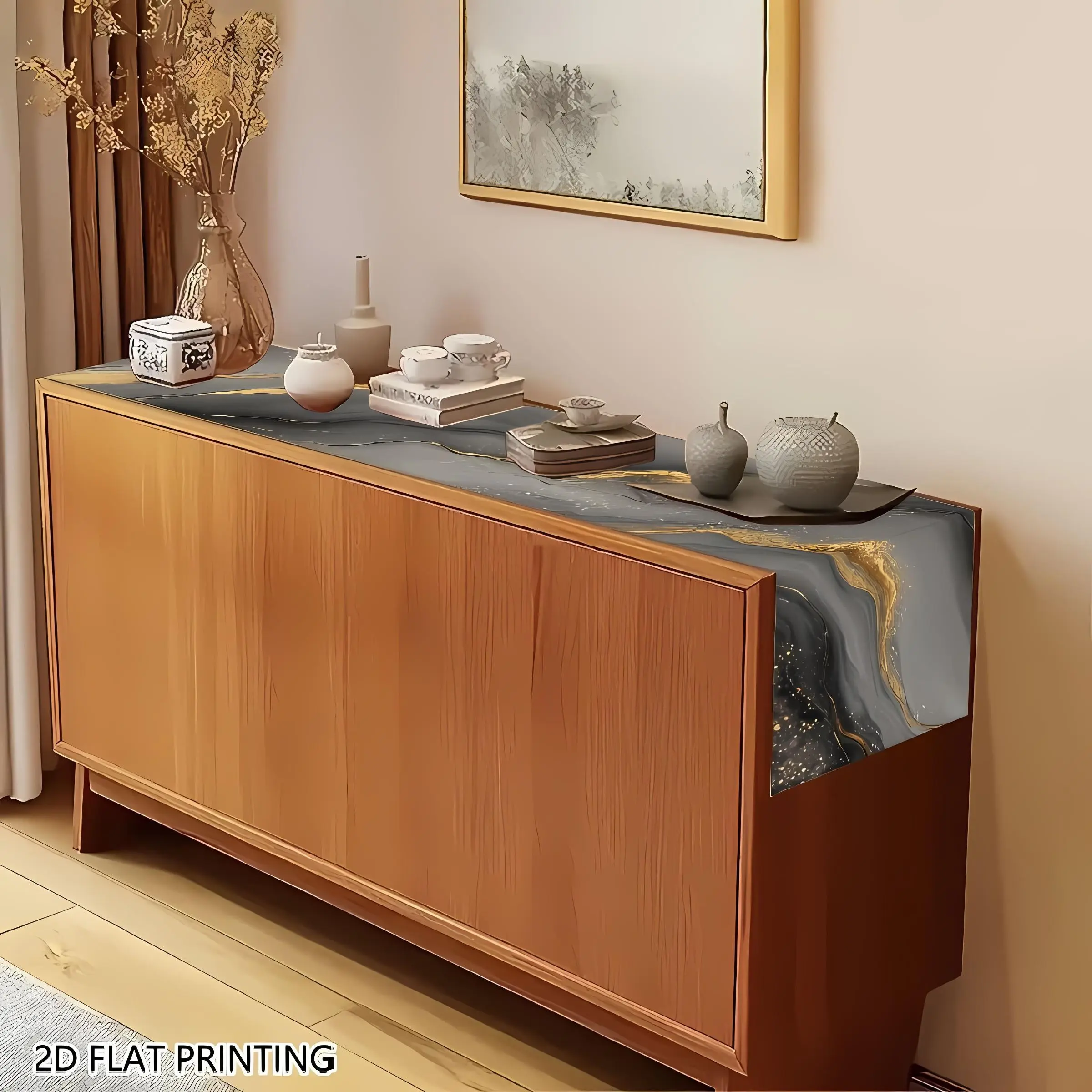 2D flat printing, 1 piece/2 piece/4 piece/6 piece/8 piece/5 piece set/7 piece set table flag and placemat combination, Dining Table Mats, elegant marble pattern, suitable for holiday parties and seasonal table decoration, showcasing the festive atmosphere