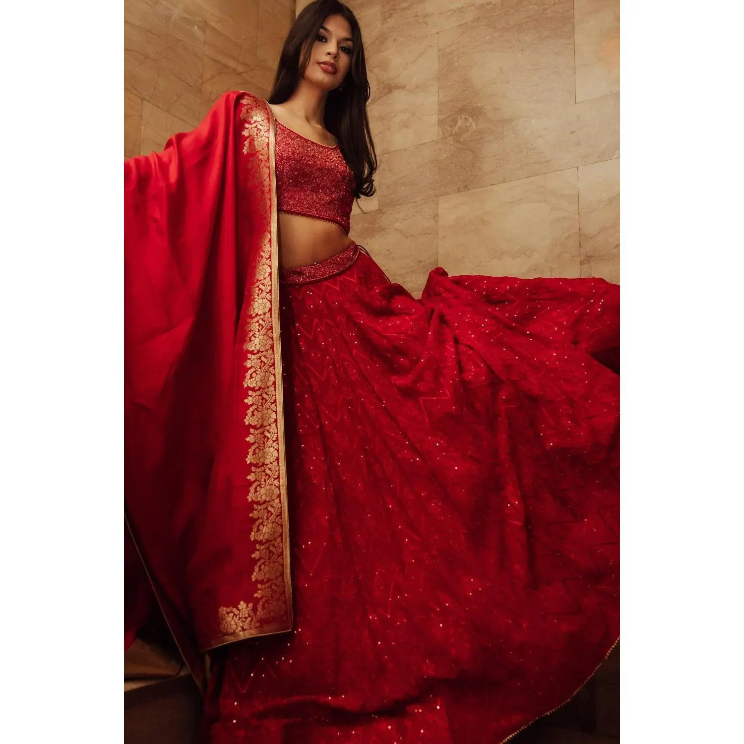 Carmella Red Lehenga Choli Set with Sequins Embroidery
