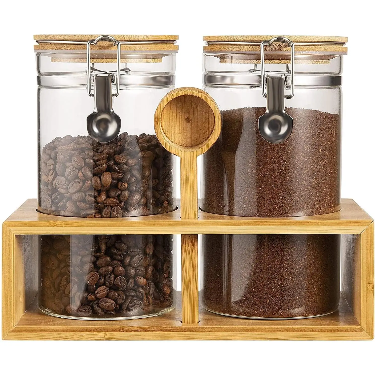 Ground Coffee Storage Container with Shelf, 2x45OZ Glass Coffee and Sugar Container Set, Coffee Canisters with Airtight  and Scoop,  Storage Jars for Kitchen,Nuts,,Sugar