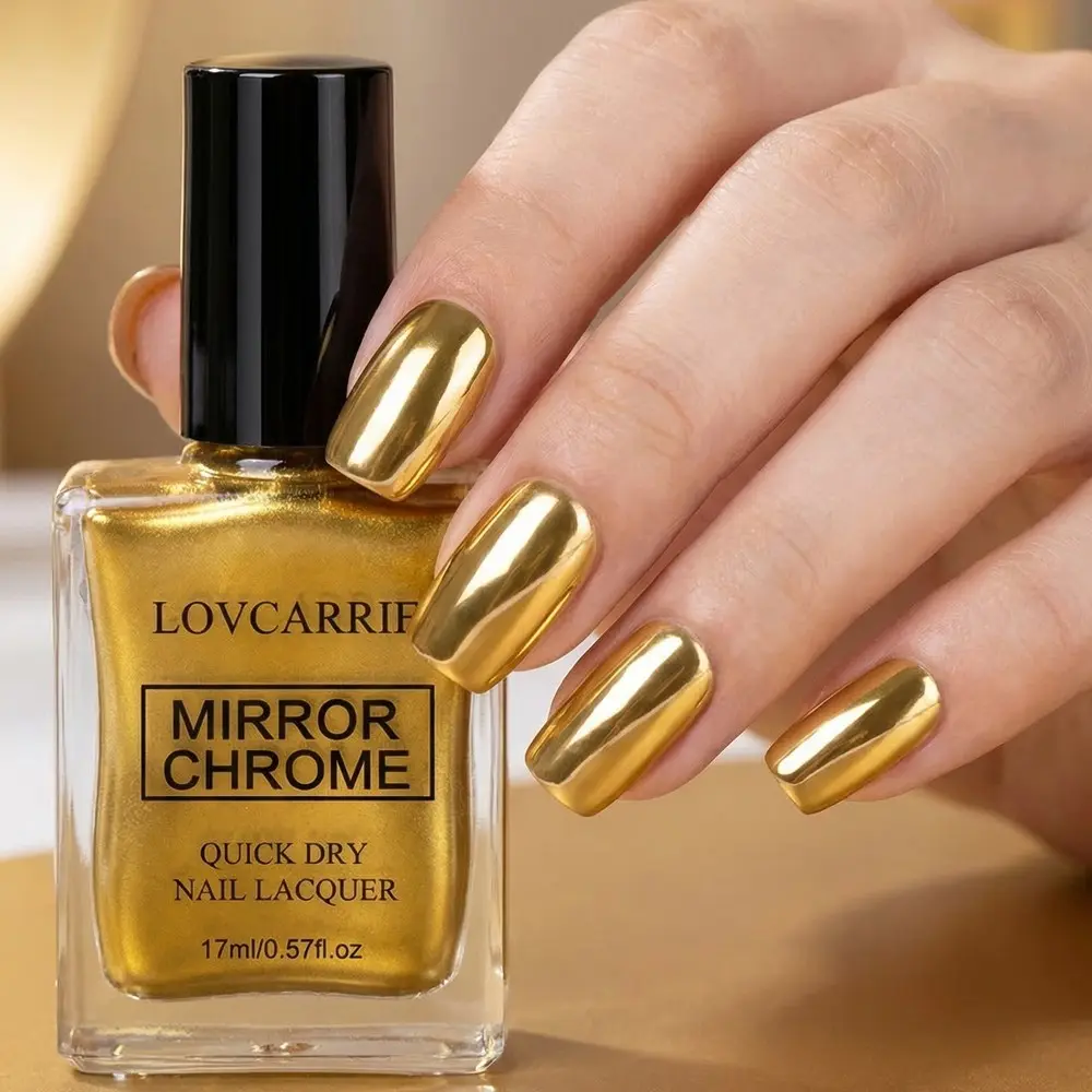 Lovcarrie Mirror-Finish Metallic Gold Nail Polish, Chrome Polish, 17ml Quick Dry: Dries quickly and naturally, long-lasting, alcohol-free, perfect for all kinds of holiday parties, creating a luxurious metallic gold manicure