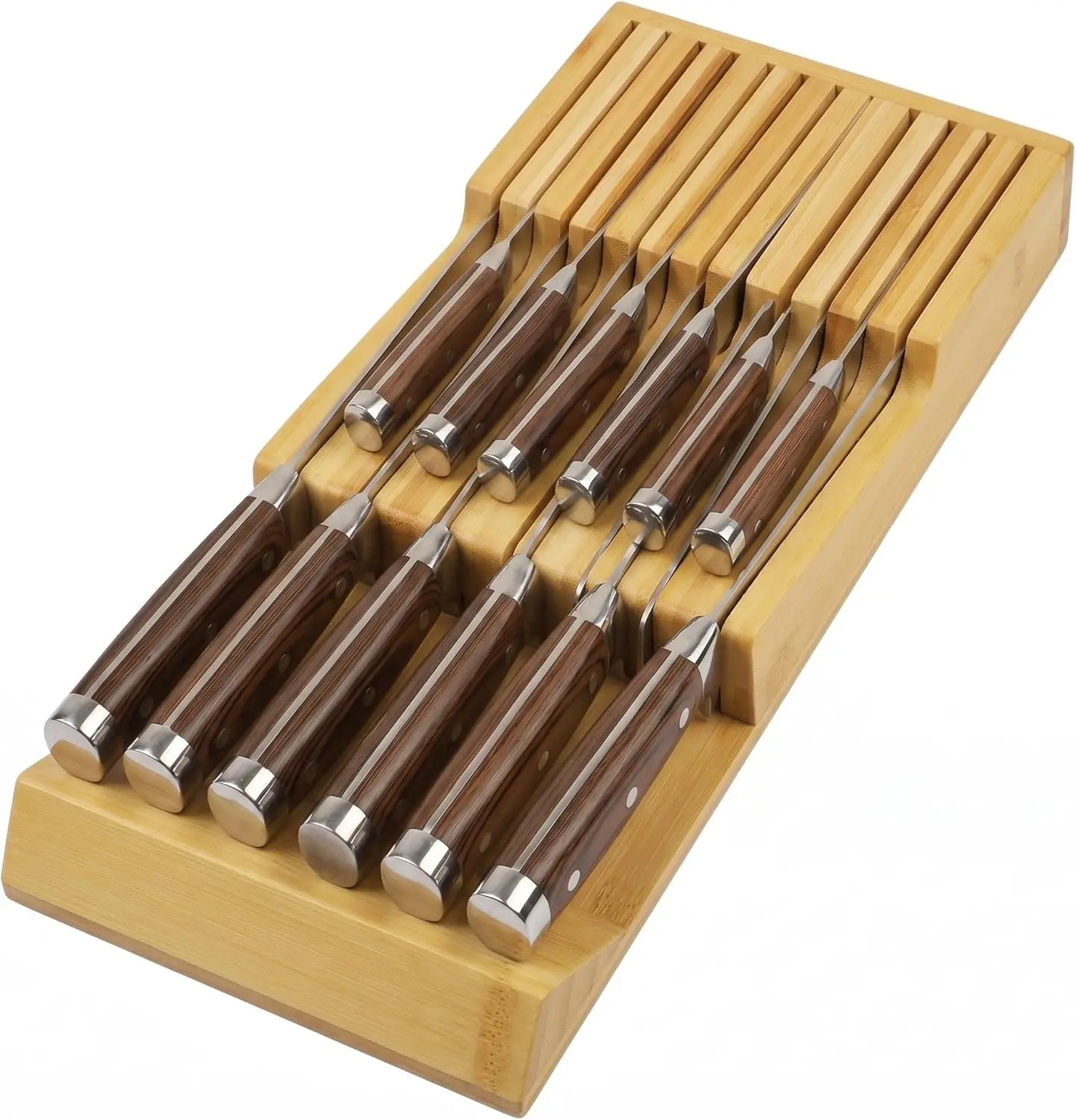 Bamboo Kitchen Drawer Knife Block, In drawer Knife Holder, Knife Drawer Organizer fit for 13 knives