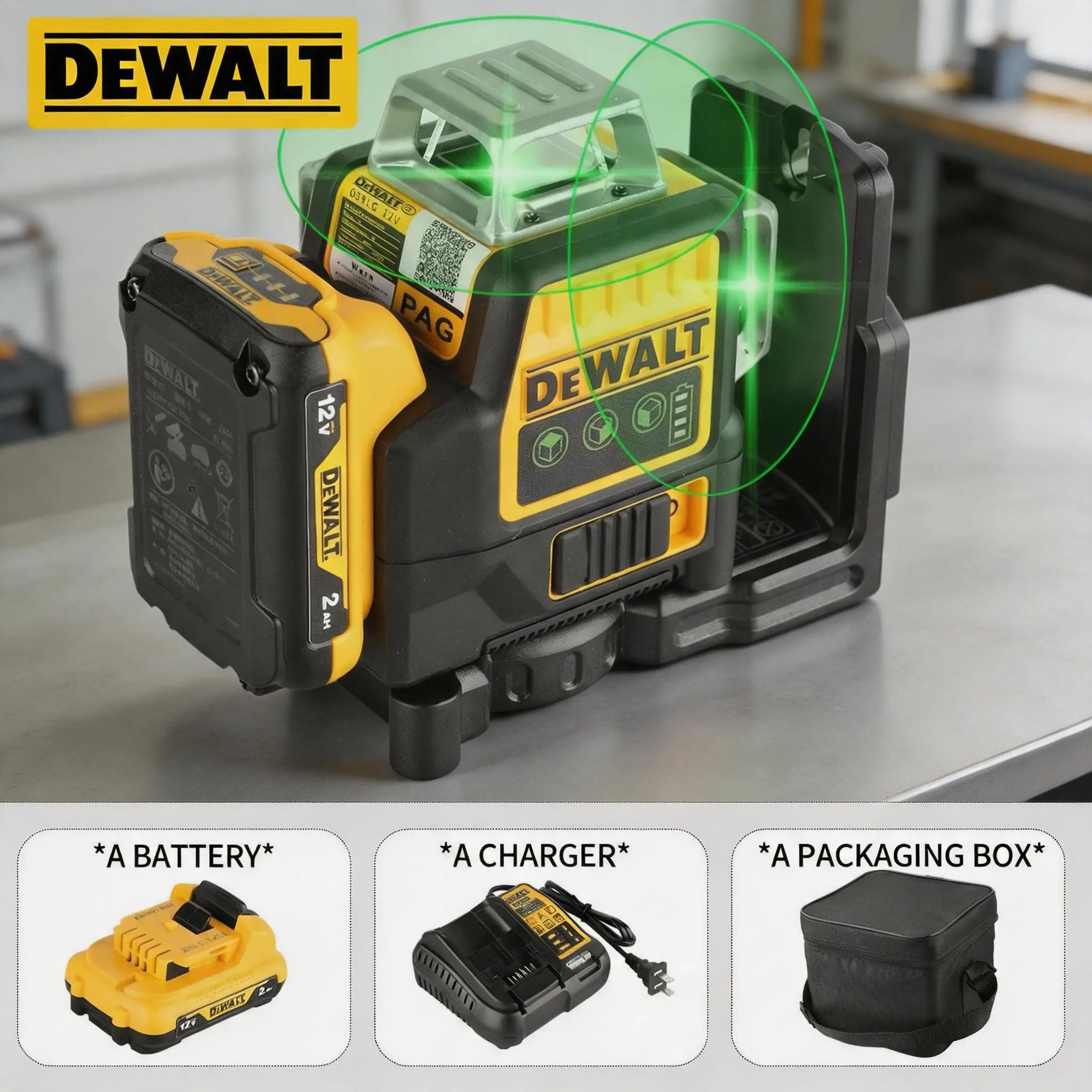 DEWALT 089LG 12V Lithium Battery 3 Sides 360 Degrees 12 Lines High-precision laser level for home improvement, woodworking construction projects or DIY projects leveler tool
