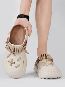 Unisex Beige-Brown Lace-Up Sporty Breathable Clogs: Toe-Cap Anti-Slip, Dual-Wear Sandals Beach Shoes