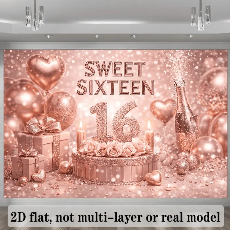 Playful Rose-Theme 2D Fantasy 16th Birthday Lightweight Photo Print Backdrop & Room Decor Tapestry, Rose-Golden "16" Numerals, Sparkling "Sweet 16" Lettering, 2-Tiered Cake, Rose Bushes, Champagne Flutes, Bottles, Balloons, Ribbons, Banners, Ornaments, Ba
