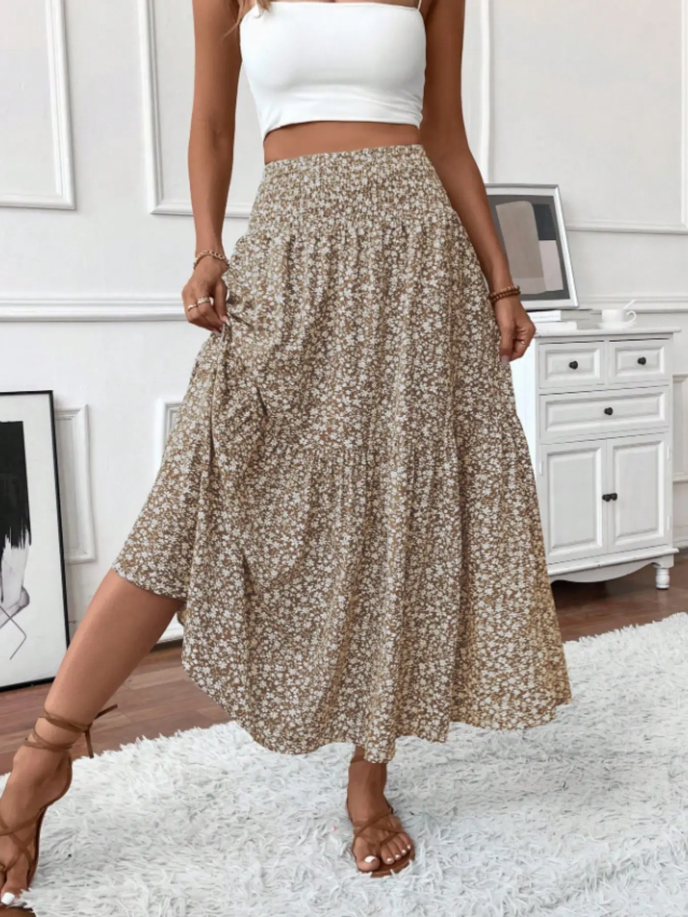 Women's Long Ditsy Floral Casual Loose Skirt, Elastic Waistband, A-Line Midi Dress, Vacation Style, Spring Summer, Comfortable & Stylish