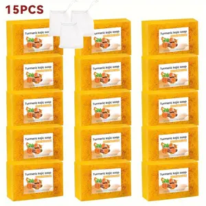 Turmeric Lemon Soap Bar, 15pcs/Set Natural Handmade Soap Bar, Moisturizing Body Wash Soap for All Skin Types, Gift for Women & Men, Gentle Cleansing Soap, Body Care Cleanser (3 Foaming Nets Included)