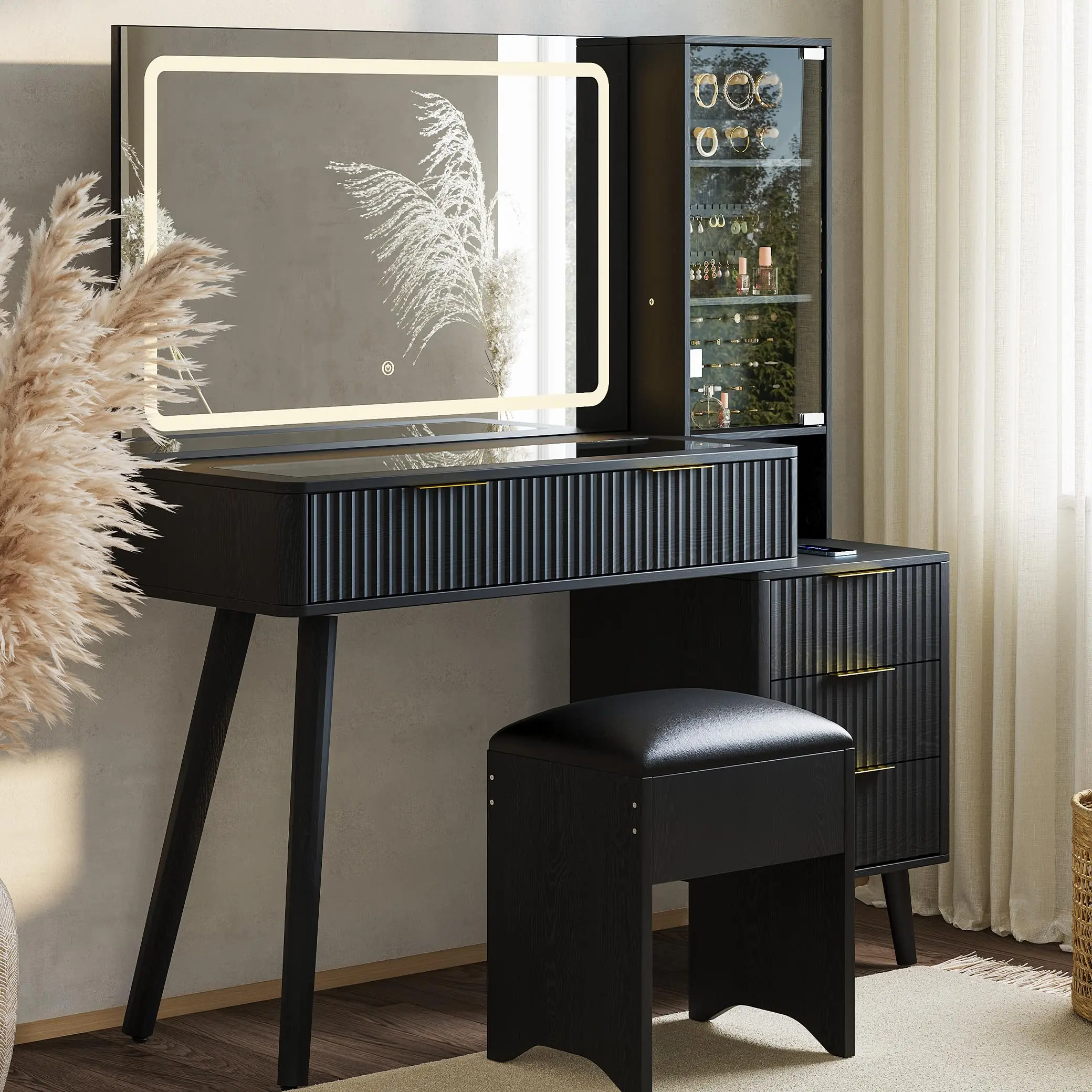 Garvee Modern Lighted Makeup Vanity Set - Mirrored Dressing Table with LED Lighted Mirror, Charging Station, Padded Storage Stool, Black Glass Top for Bedroom